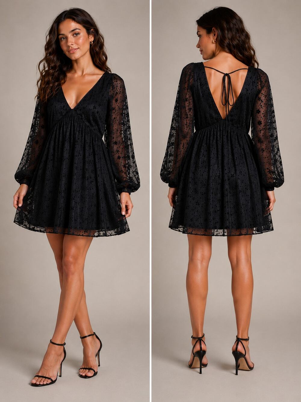 Storia Mesh Swiss Dot Clover Jacquard Babydoll‎ Dress Black Puff Sleeve L
